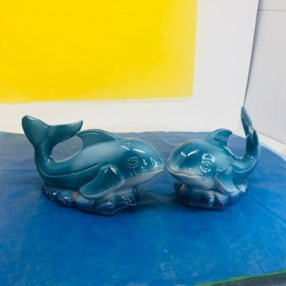 Vintage MCS Brazil Blue ceramic Whales figurines  (2)Handcrafted # 4136,
